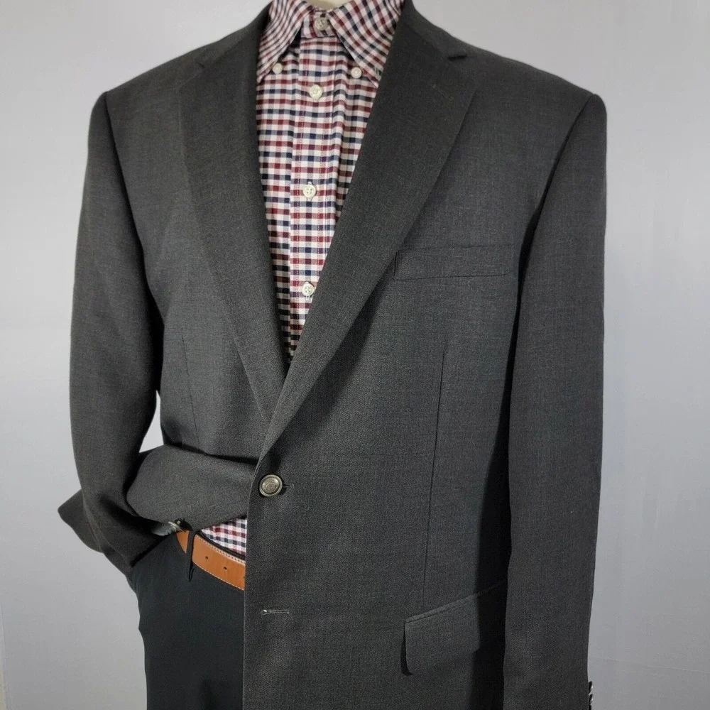 Stafford Men's Sport Coat‎ Blazer Two Button Charcoal Gray Poly Wool Size 46L